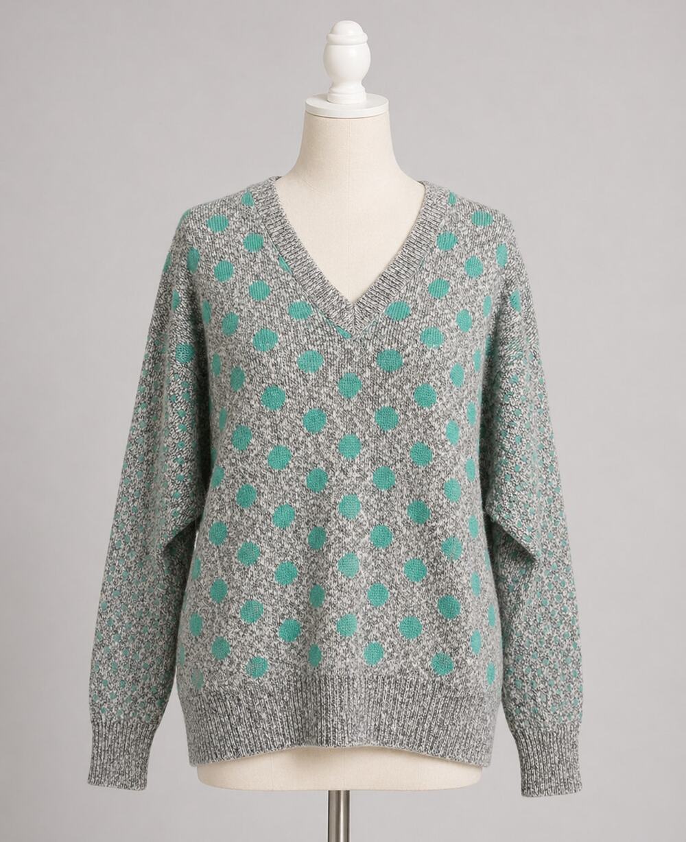 Vintage V-Neck Sweater Gray and Teal Polka Dots 1980s